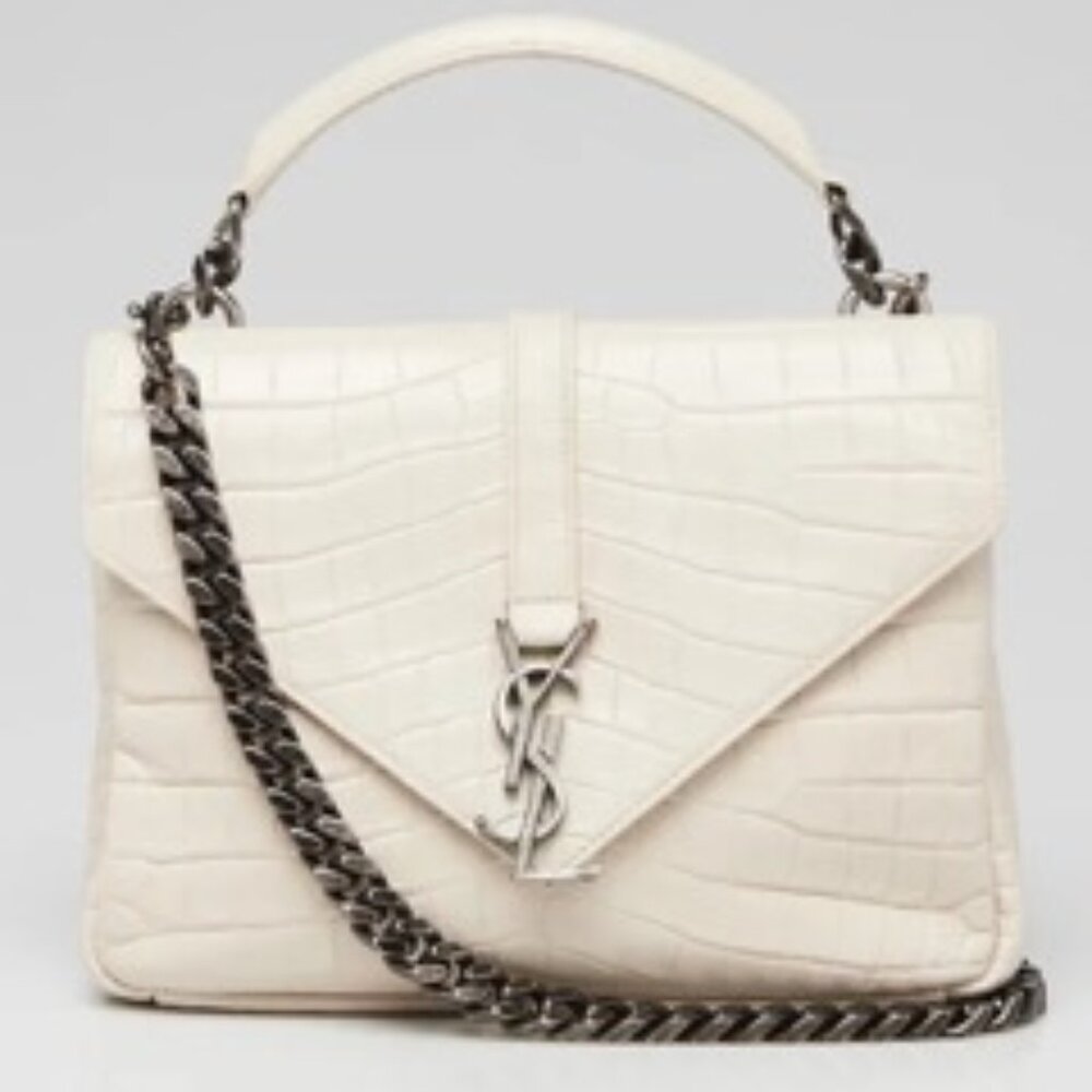 Yves Saint Laurent White Croc Embossed Leather Monogram Medium College Bag